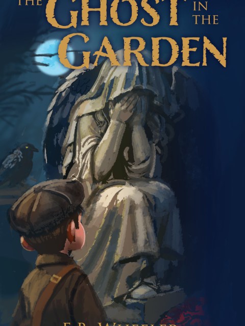 An image of a boy looking up at a graveyard statue of a weeping angel